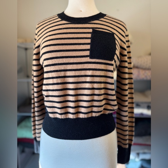 Wool/Cashmere Blend Camel/Black Striped Sweater from Naadam. M - Picture 3 of 10
